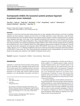 Esomeprazole Inhibits the Lysosomal Cysteine Protease Legumain to Prevent Cancer Metastasis