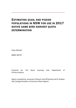 Estimating Quail and Pigeon Populations in Nsw for Use in 2017 Native Game Bird Harvest Quota Determination