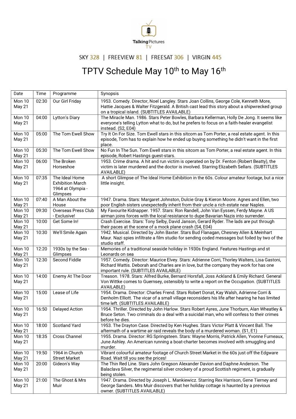 TPTV Schedule May 10Th to May 16Th