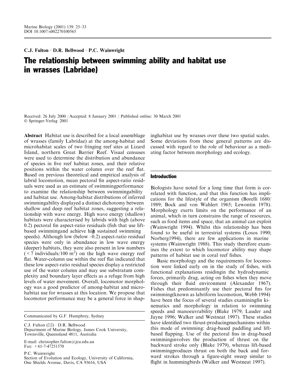 The Relationship Between Swimming Ability and Habitat Use in Wrasses Labridae)