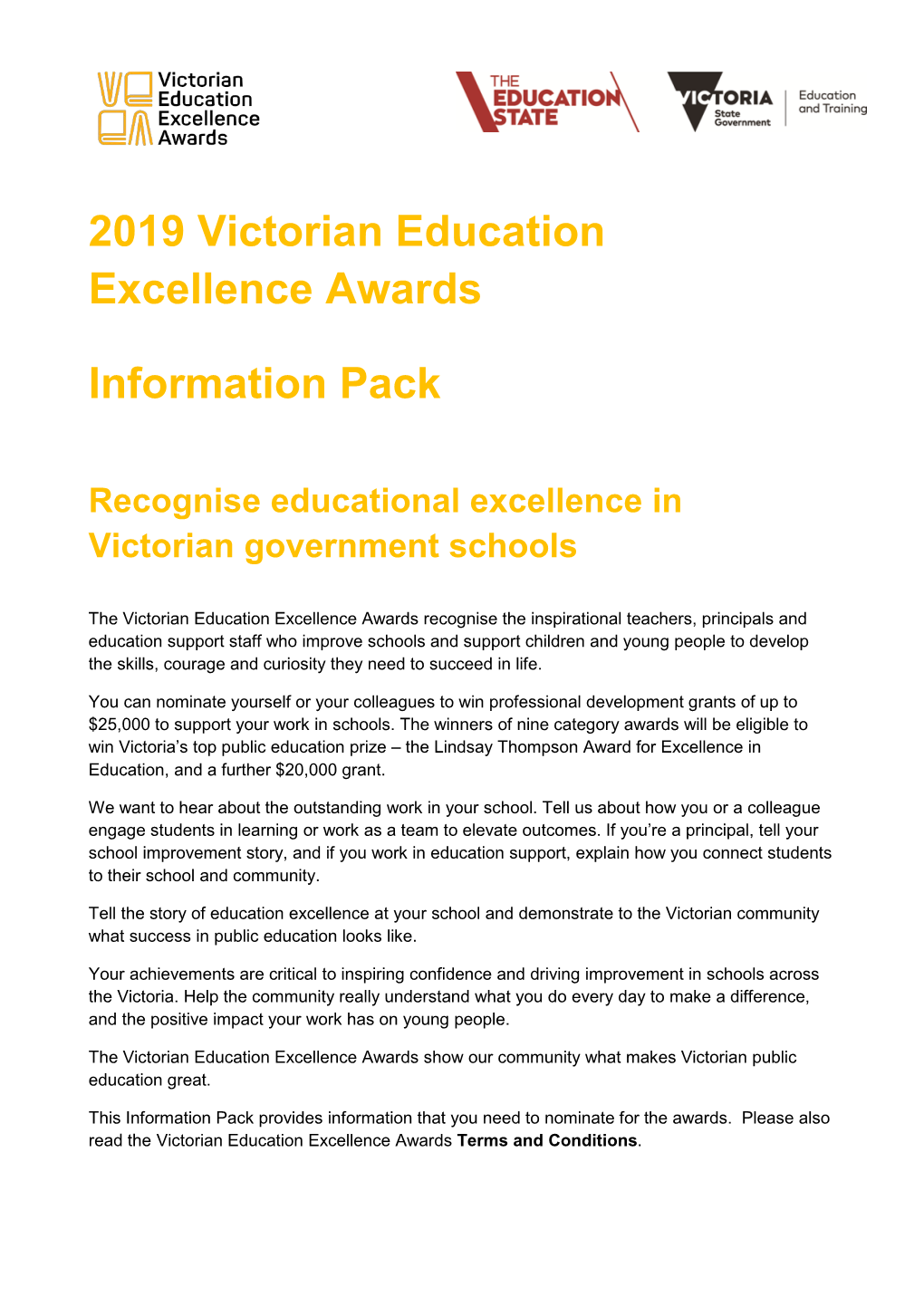 2019 Victorian Education Excellence Awards Information Pack