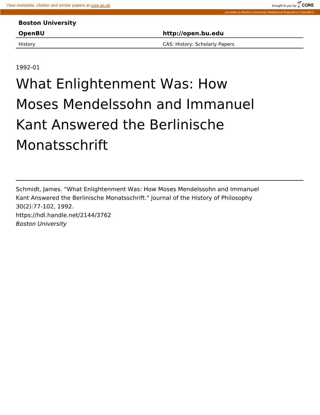 What Enlightenment Was: How Moses Mendelssohn and Immanuel Kant Answered the Berlinische Monatsschrift