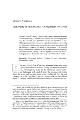 Immorality Or Immortality? an Argument for Virtue