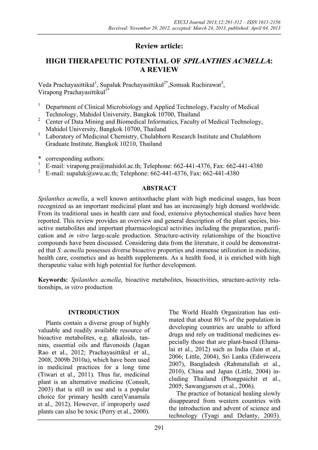 High Therapeutic Potential of Spilanthes Acmella: a Review