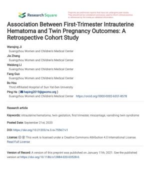 Association Between First-Trimester Intrauterine Hematoma and Twin Pregnancy Outcomes: a Retrospective Cohort Study