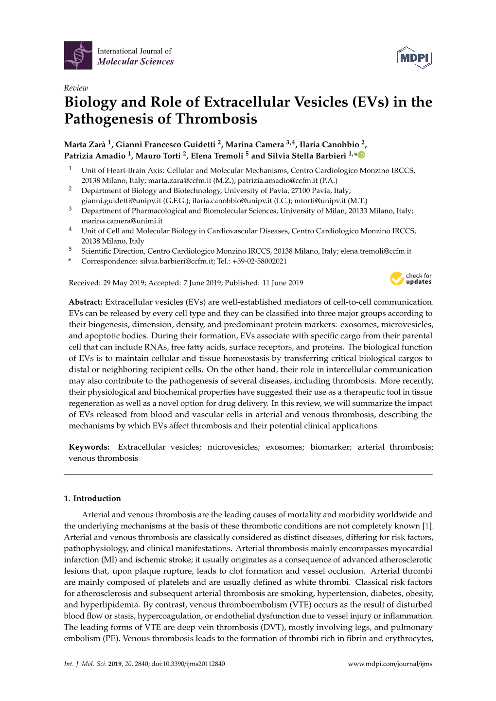 Biology and Role of Extracellular Vesicles (Evs) in the Pathogenesis of Thrombosis