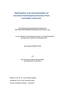 Optimization and Characterization of Microbial Rhamnolipid Production from Renewable Resources