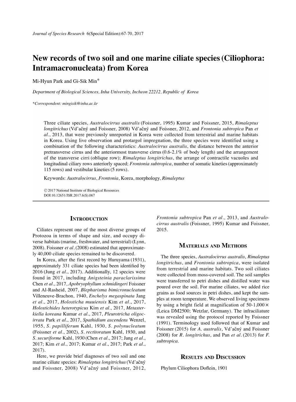 New Records of Two Soil and One Marine Ciliate Species (Ciliophora: Intramacronucleata) from Korea