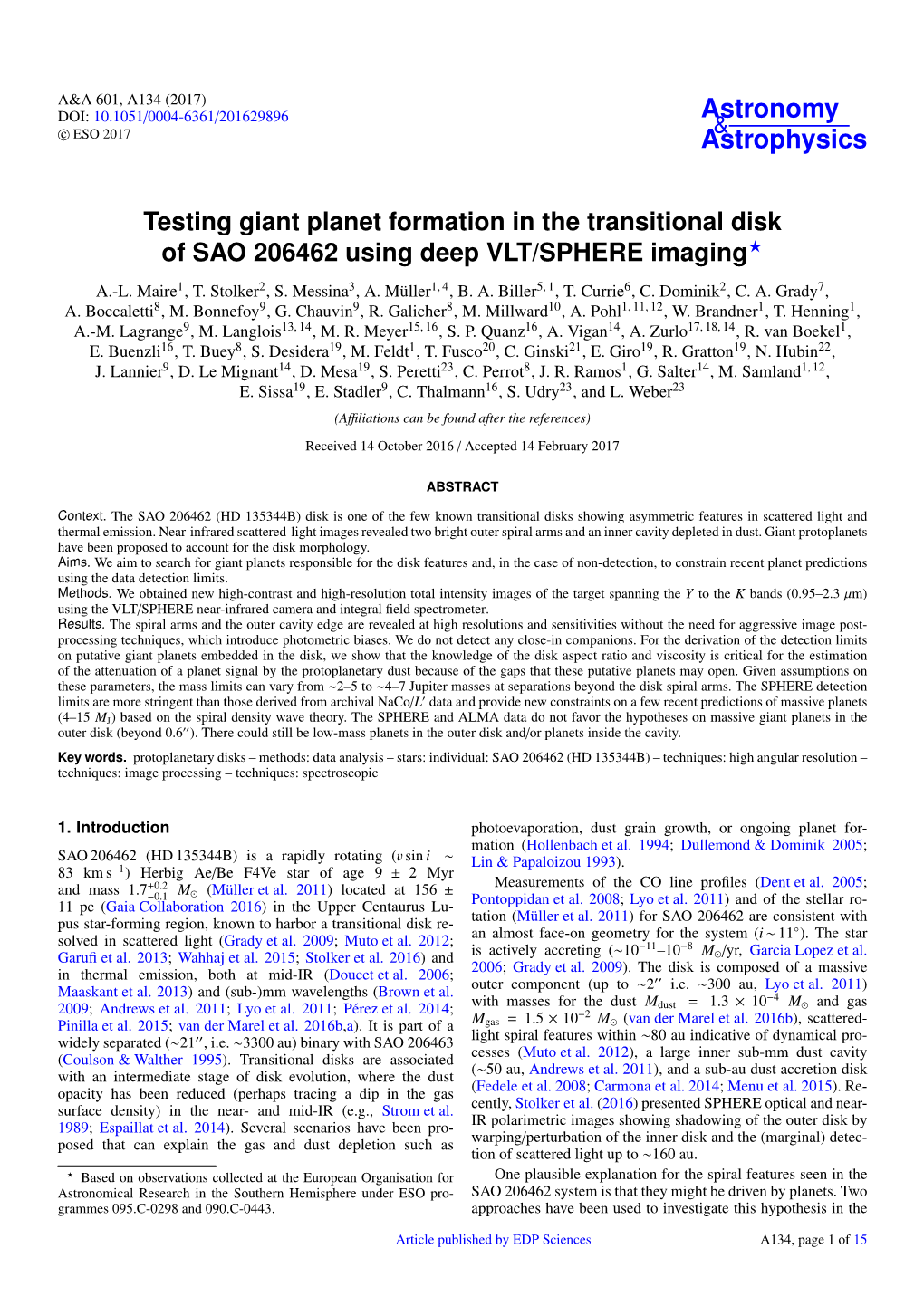 Testing Giant Planet Formation in the Transitional Disk of SAO 206462 Using Deep VLT/SPHERE Imaging? A.-L