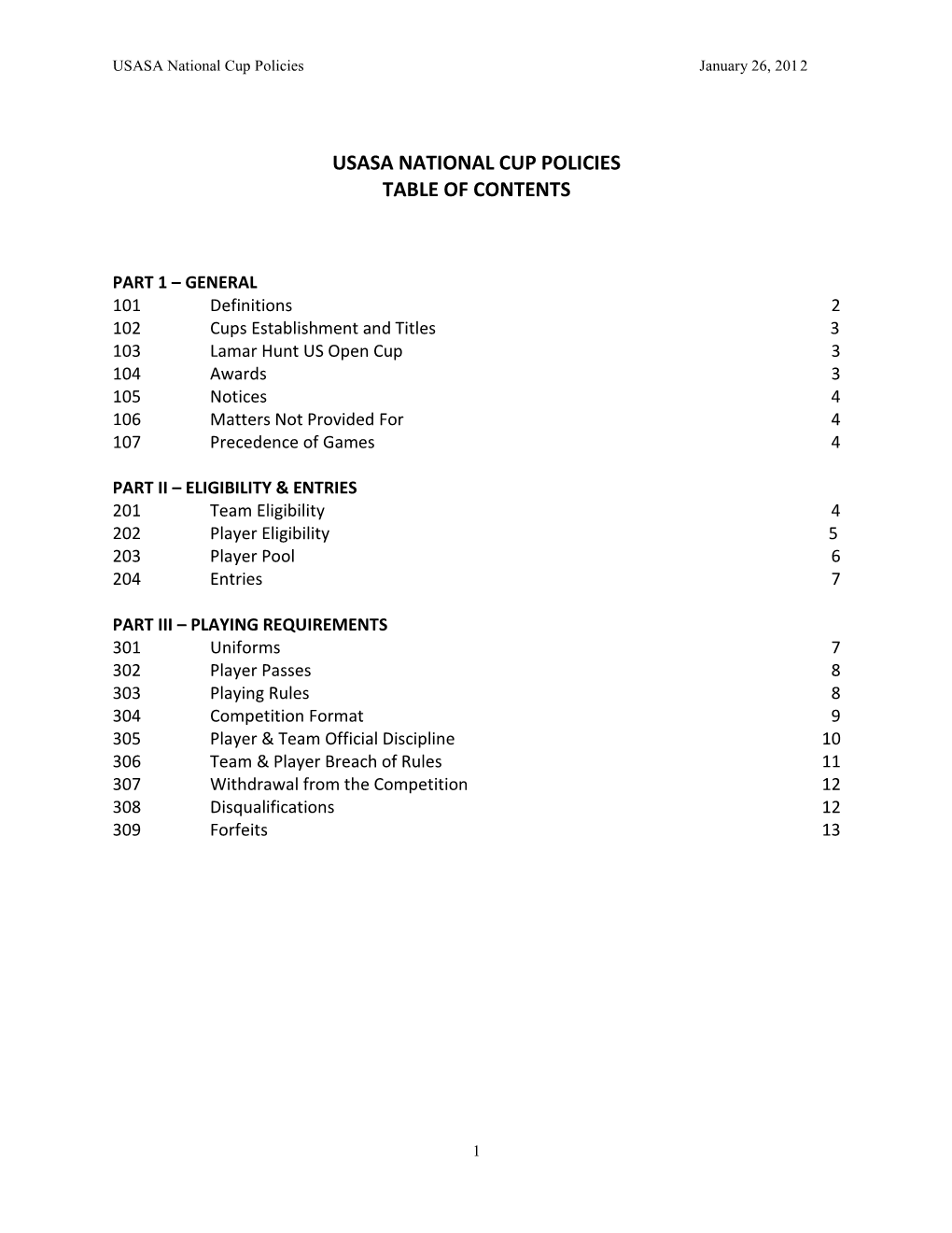 Usasa National Cup Policies Table of Contents