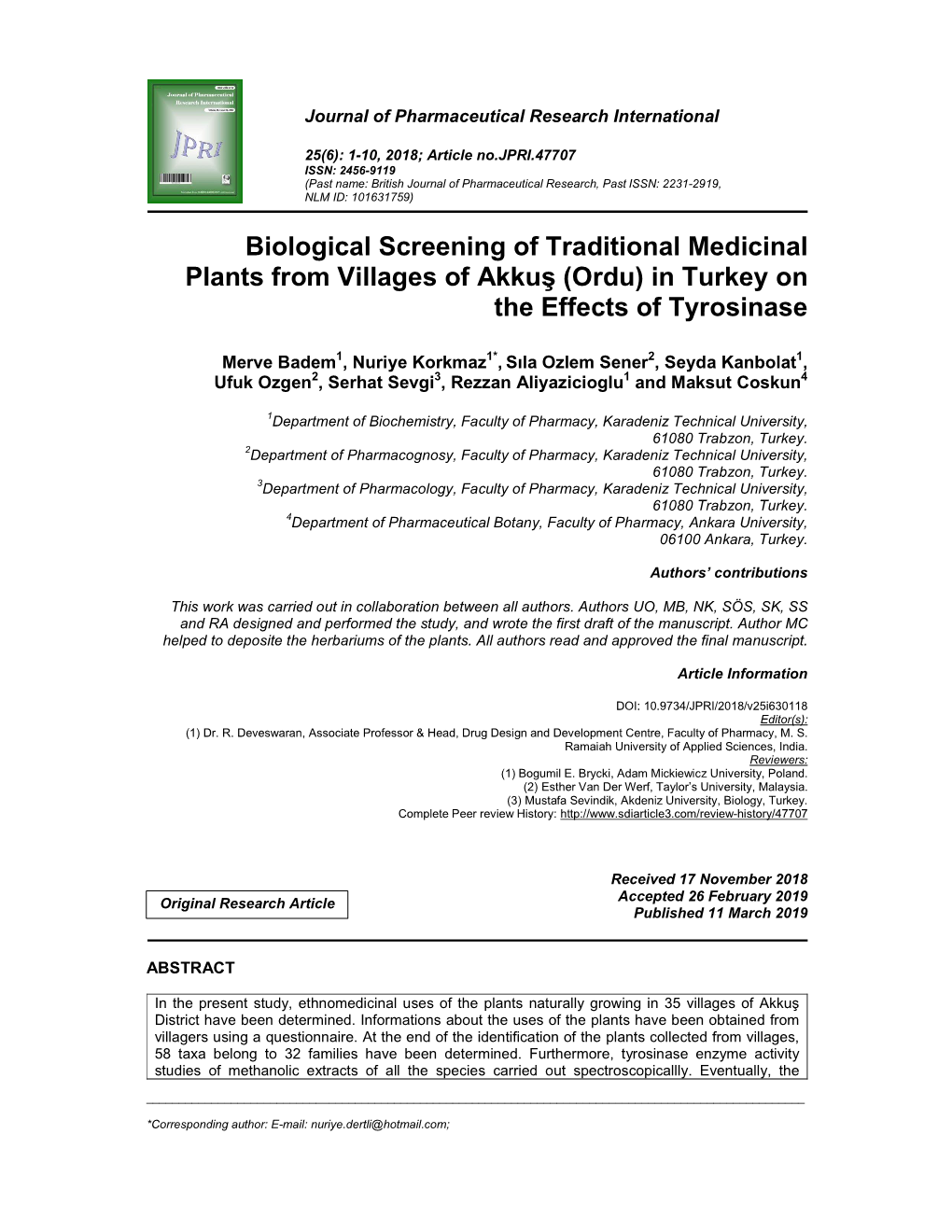 (Ordu) in Turkey on the Effects of Tyrosinase