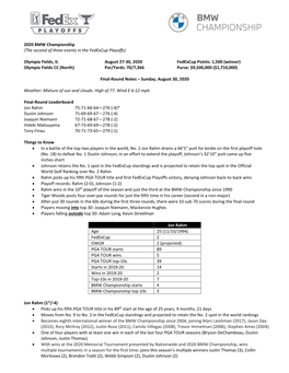 2020 BMW Championship (The Second of Three Events in the Fedexcup Playoffs)