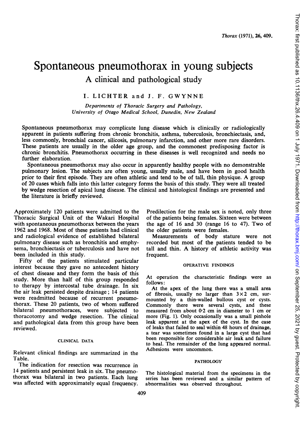 Spontaneous Pneumothorax in Young Subjects a Clinical and Pathological Study