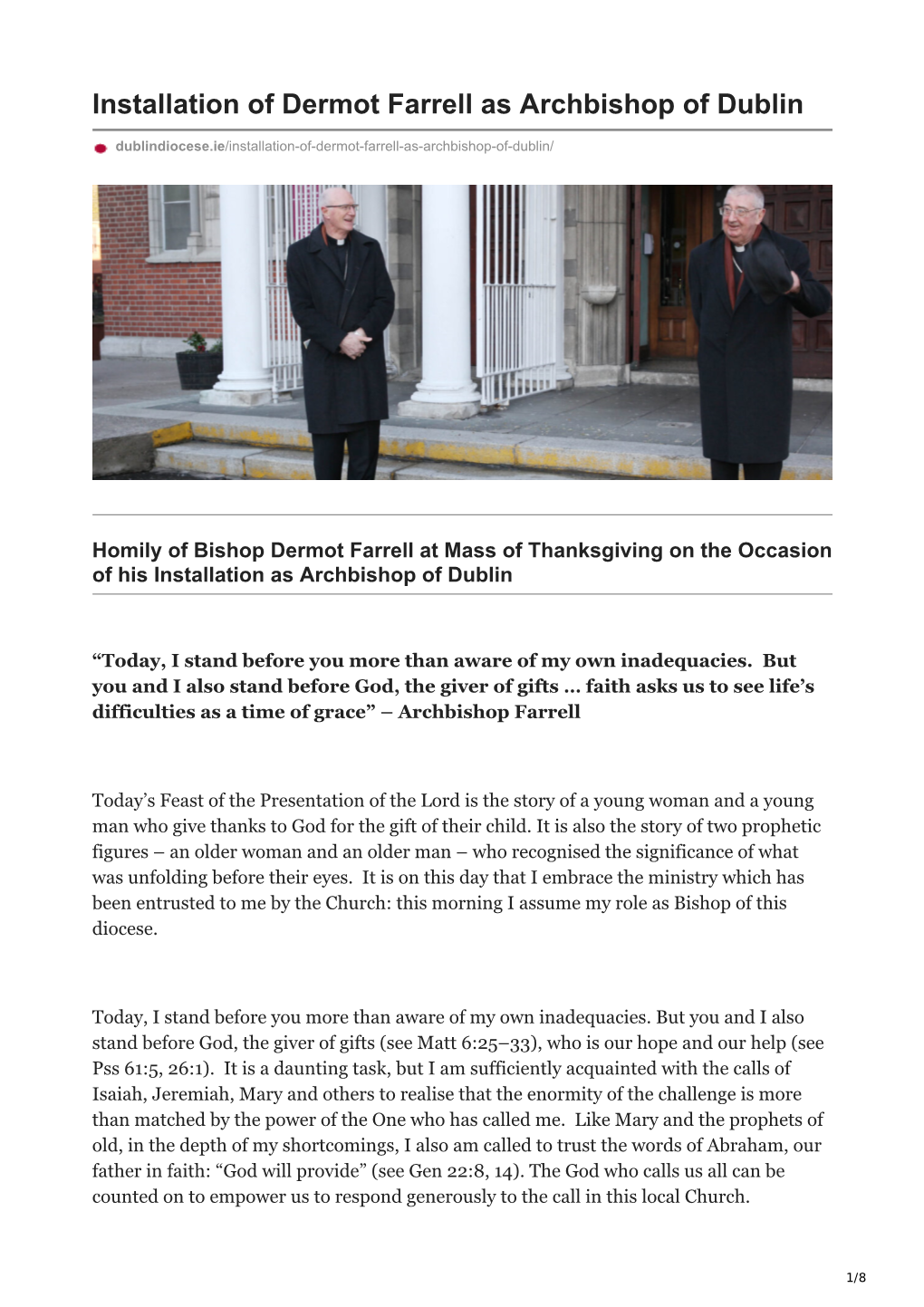 Installation of Dermot Farrell As Archbishop of Dublin