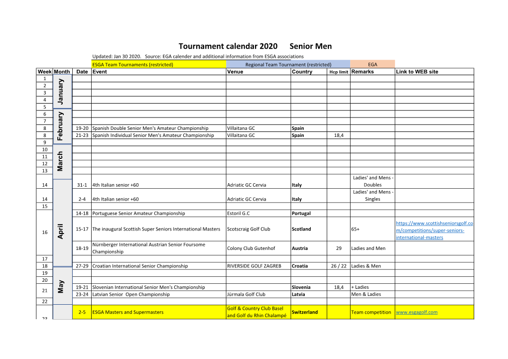 Tournament Calendar 2020 Senior Men Updated: Jan 30 2020