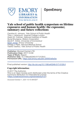 Yale School of Public Health Symposium on Lifetime Exposures and Human Health: the Exposome; Summary and Future Reflections Caroline H