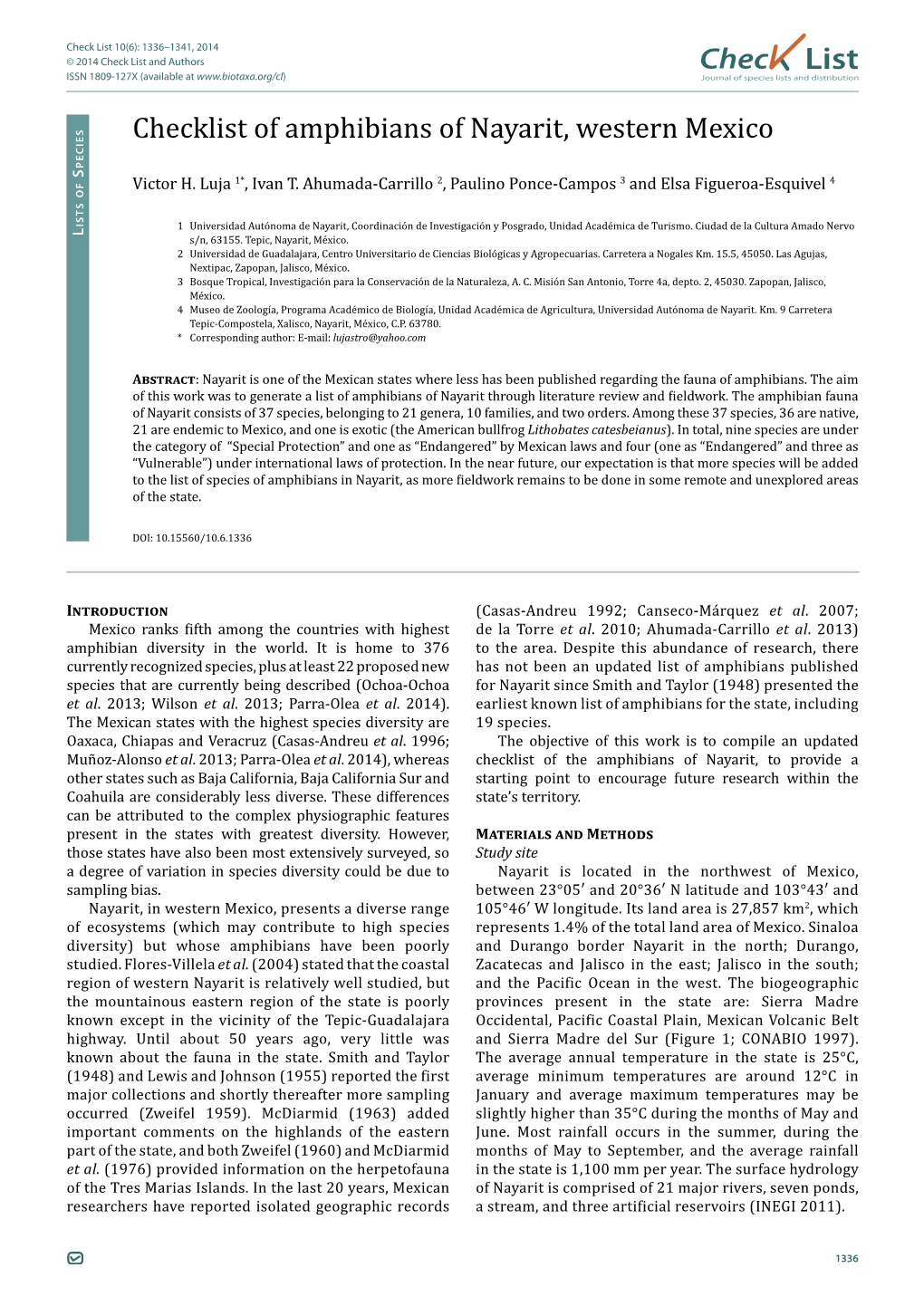 Chec List Checklist of Amphibians of Nayarit, Western Mexico