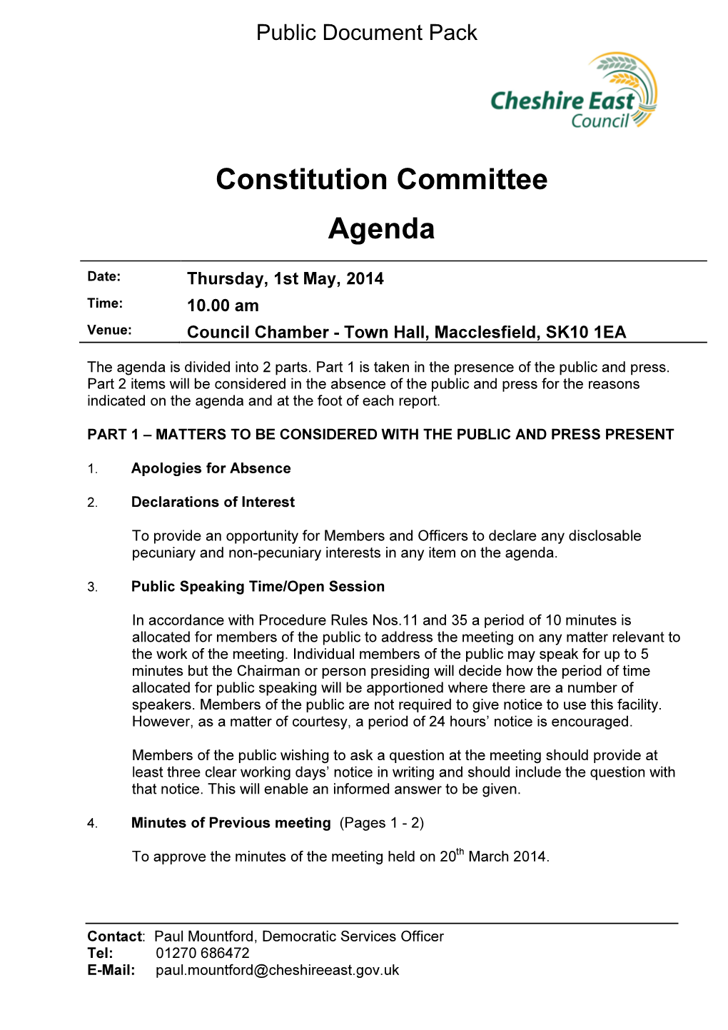 (Public Pack)Agenda Document for Constitution Committee, 01/05/2014