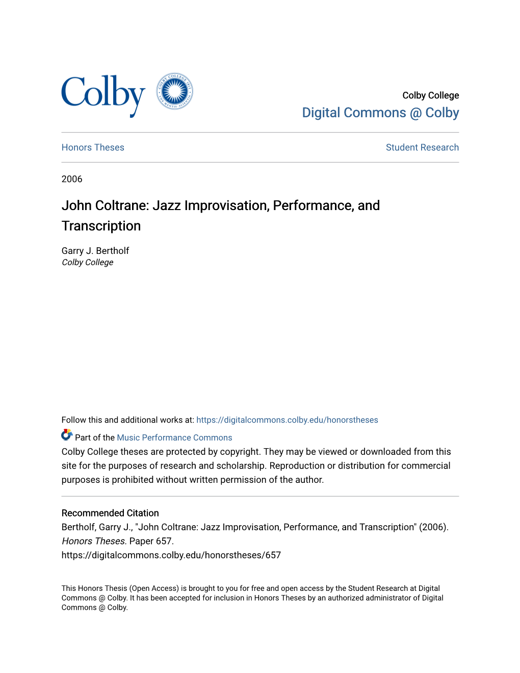 John Coltrane: Jazz Improvisation, Performance, and Transcription