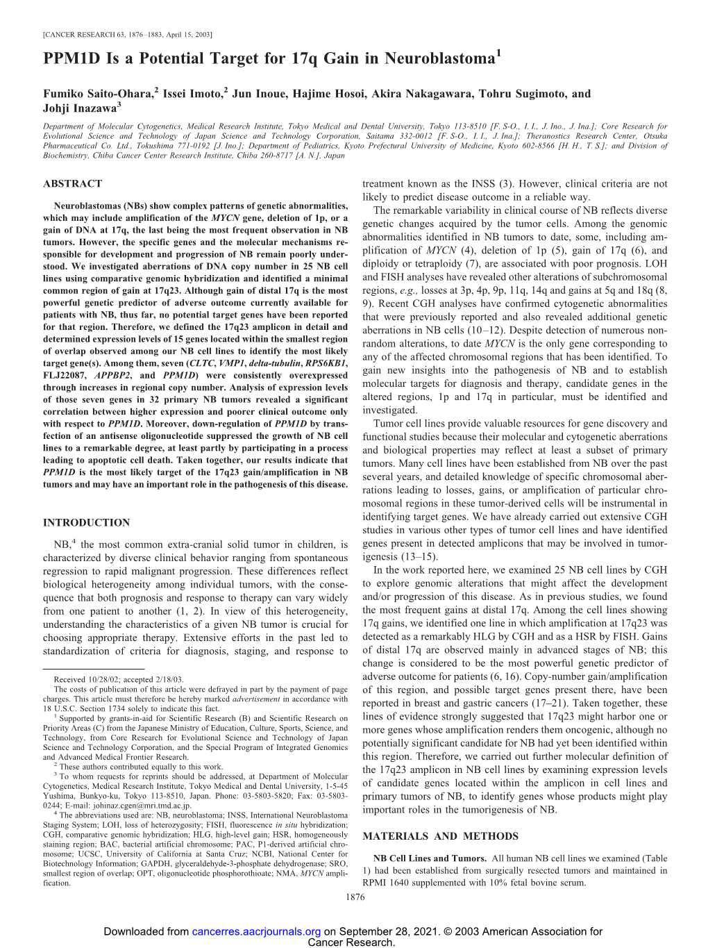 PPM1D Is a Potential Target for 17Q Gain in Neuroblastoma1