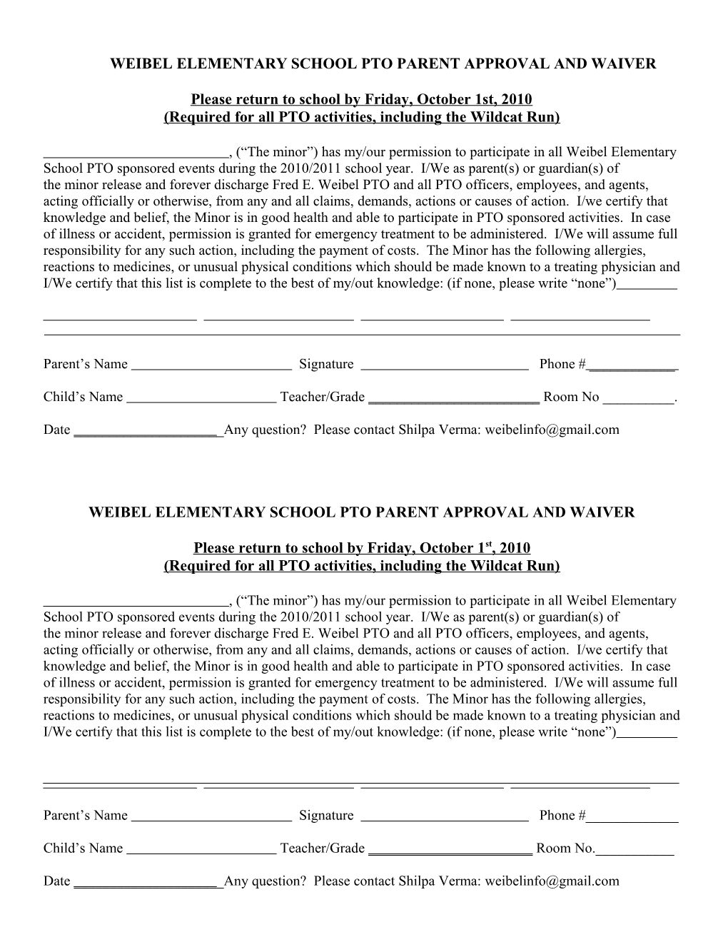 Weibel Elementary School Pto Parent Approval and Waiver