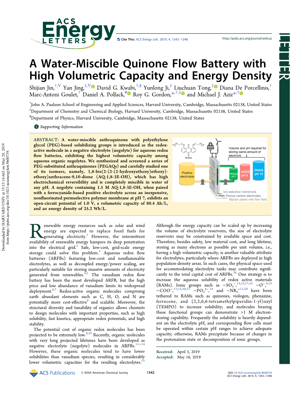 A Water-Miscible Quinone Flow Battery with High Volumetric Capacity and Energy Density † ∇ ‡ ∇ † § ‡ ‡ † Shijian Jin, , Yan Jing, , David G