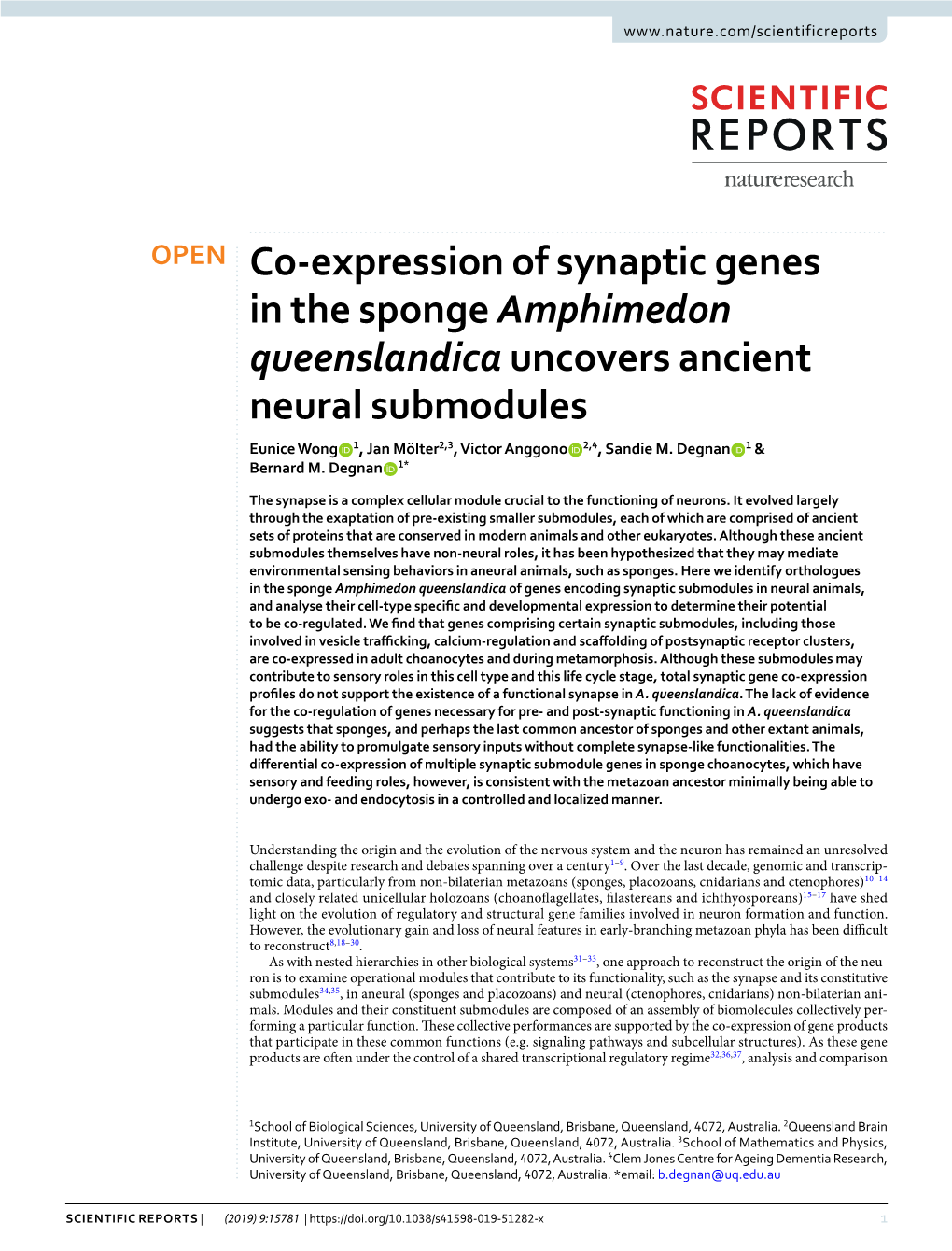 Co-Expression of Synaptic Genes in the Sponge Amphimedon Queenslandica Uncovers Ancient Neural Submodules Eunice Wong 1, Jan Mölter2,3, Victor Anggono 2,4, Sandie M