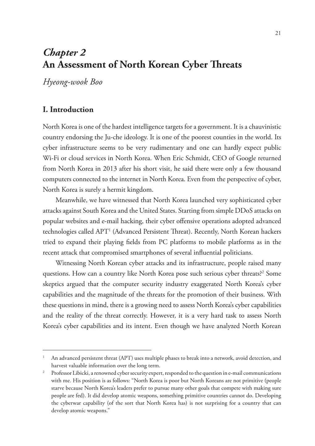 Chapter 2 an Assessment of North Korean Cyber Threats Hyeong-Wook Boo
