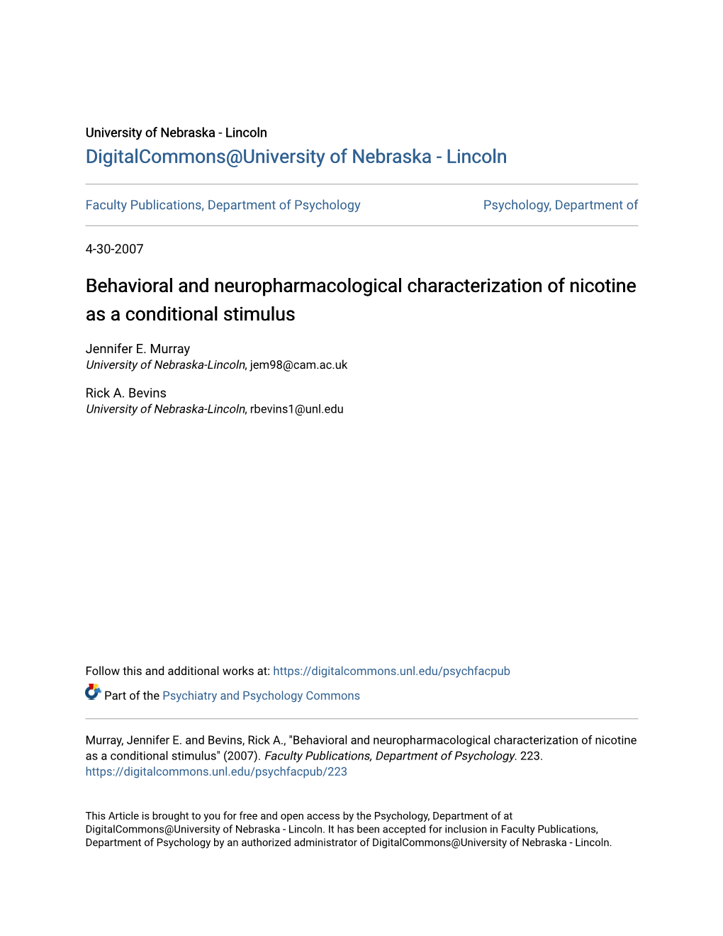 Behavioral and Neuropharmacological Characterization of Nicotine As a Conditional Stimulus