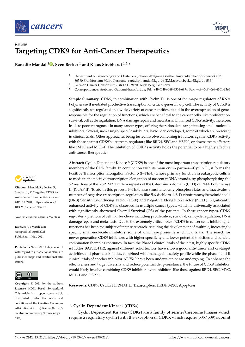 Targeting CDK9 for Anti-Cancer Therapeutics