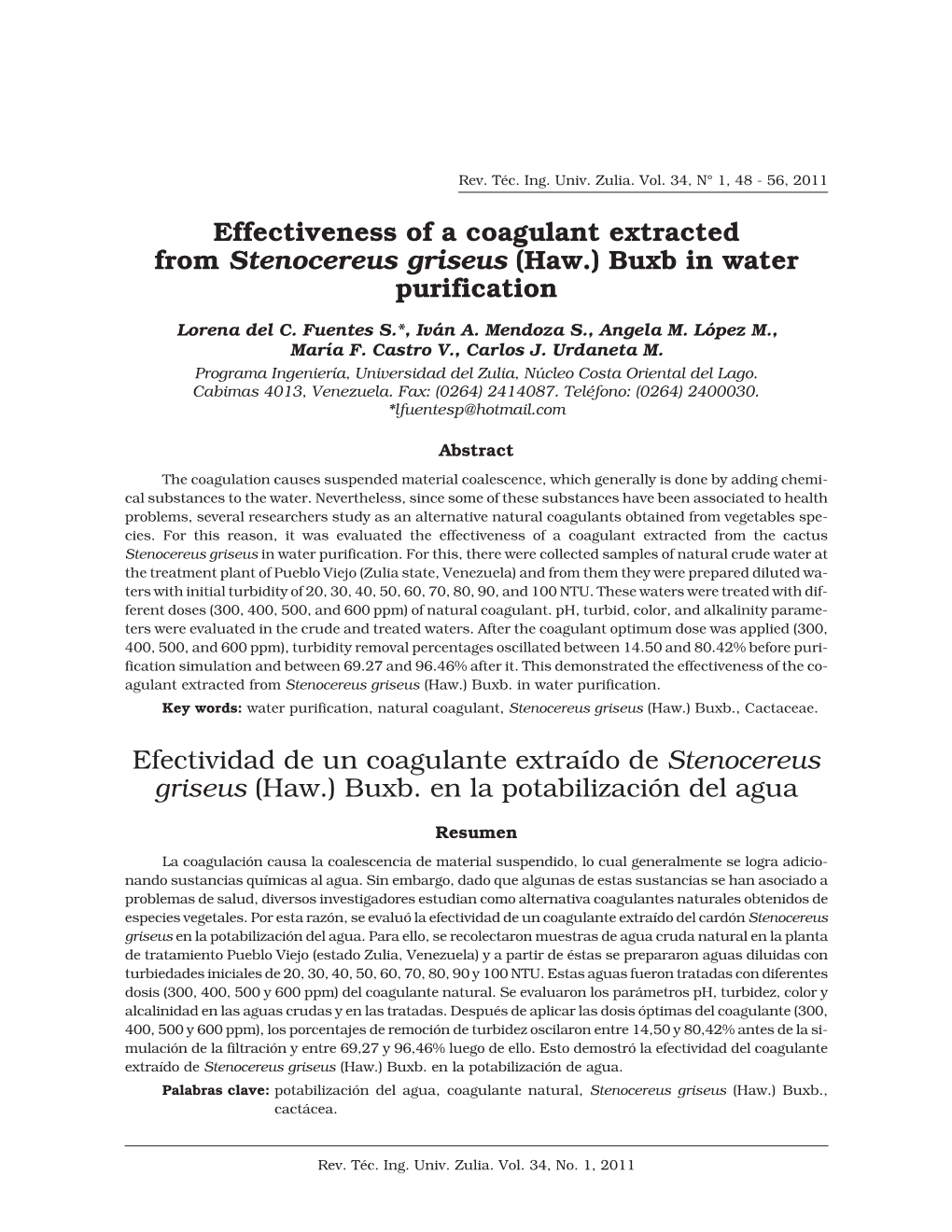Efectividad De Un Coagulante Extraído De Stenocereus Griseus (Haw.) Buxb