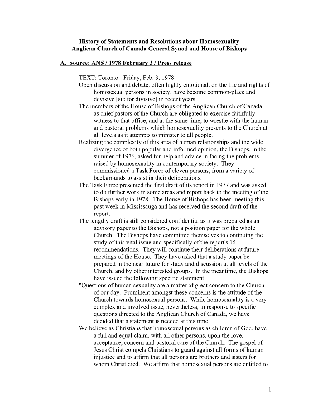 History of Statements and Resolutions About Homosexuality Anglican Church of Canada General Synod and House of Bishops