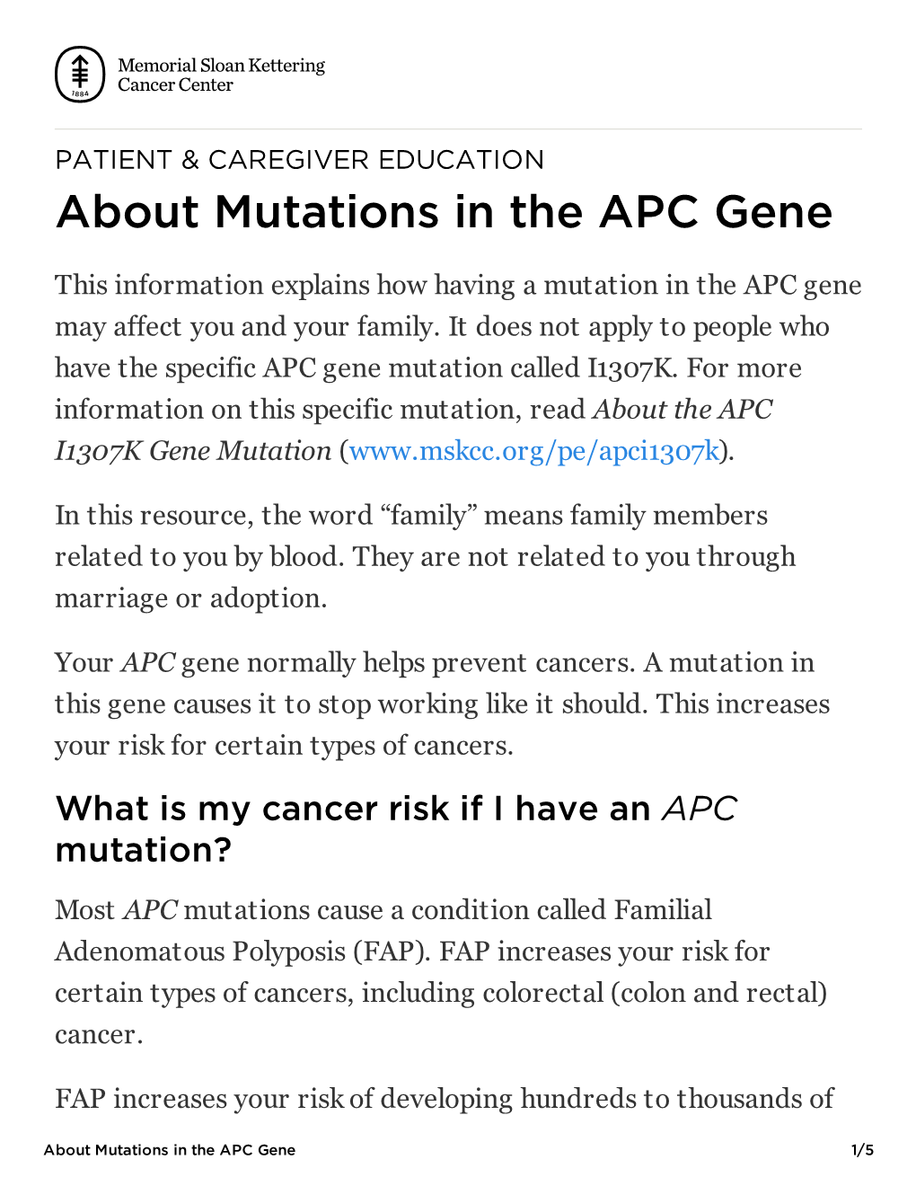 About Mutations in the APC Gene | Memorial Sloan Kettering Cancer