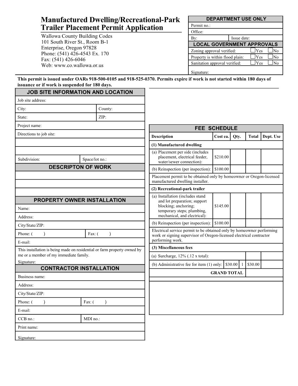 Manufactured Dwelling Placement Permit Application