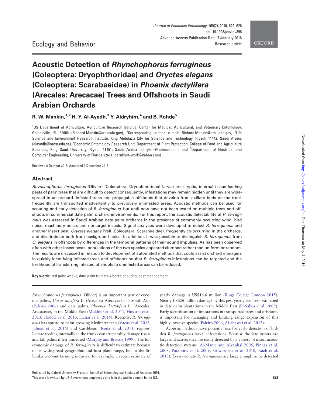 Acoustic Detection of Rhynchophorus Ferrugineus