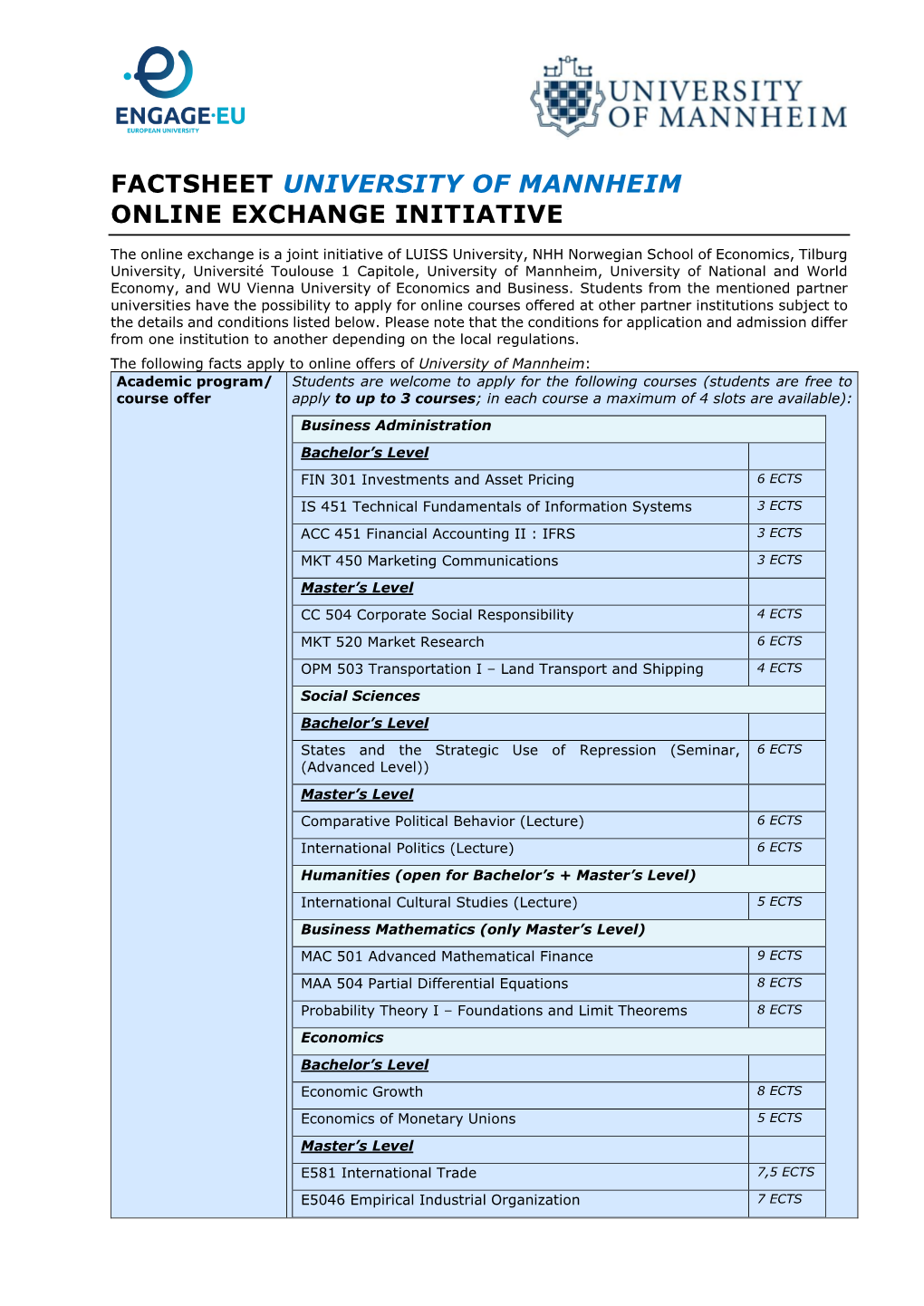 Factsheet University of Mannheim Online Exchange Initiative