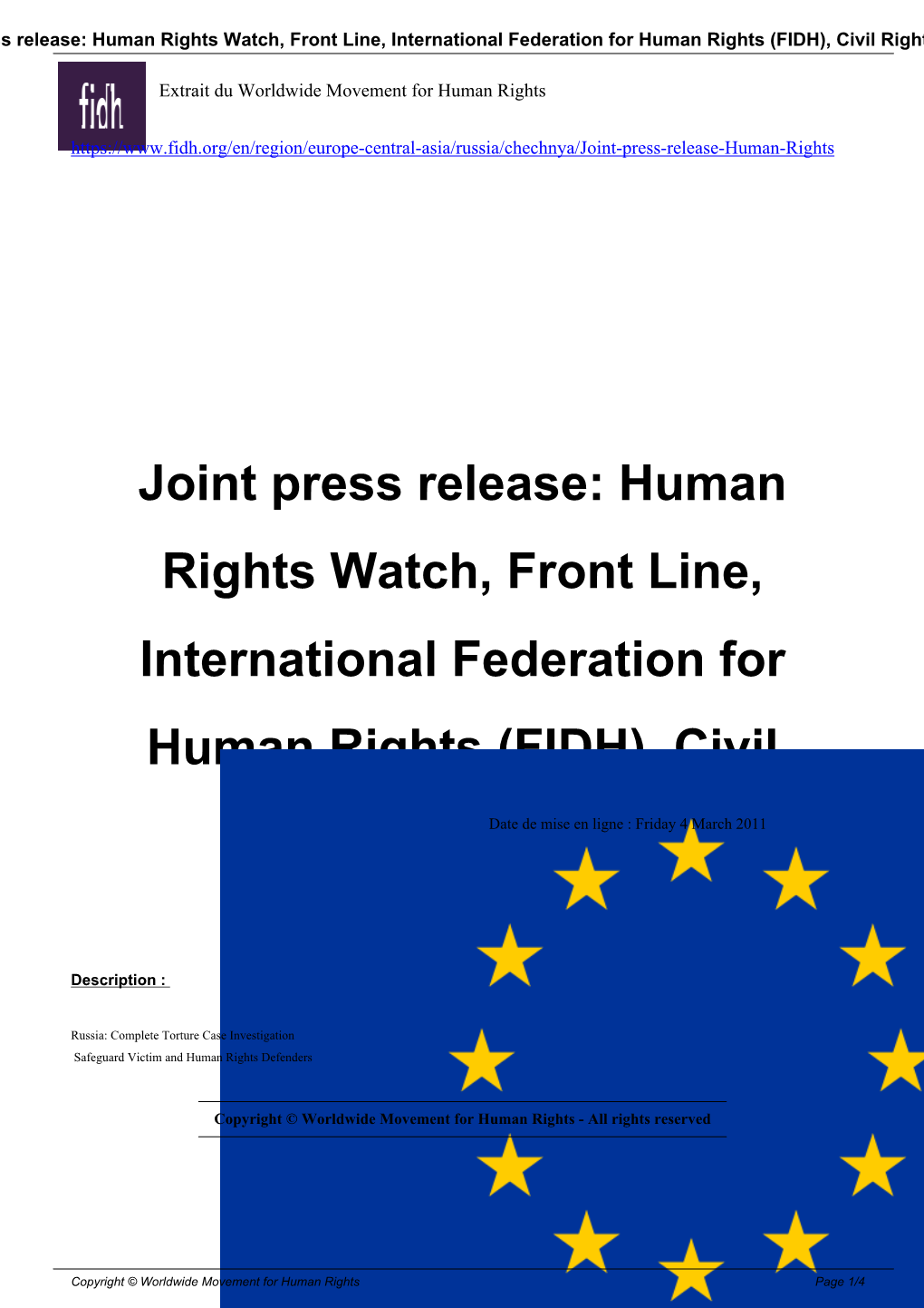 Joint Press Release: Human Rights Watch, Front Line, International Federation for Human Rights (FIDH), Civil Rights Defenders