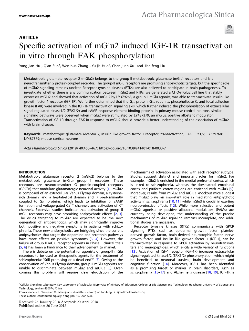 Specific Activation of Mglu2 Induced IGF-1R Transactivation in Vitro