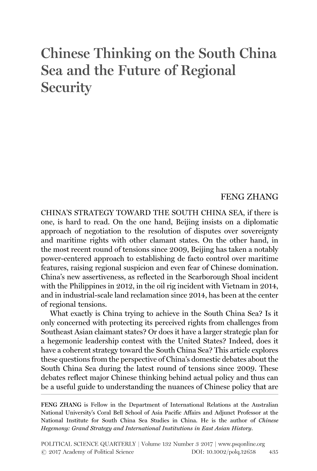 Chinese Thinking on the South China Sea and the Future of Regional Security