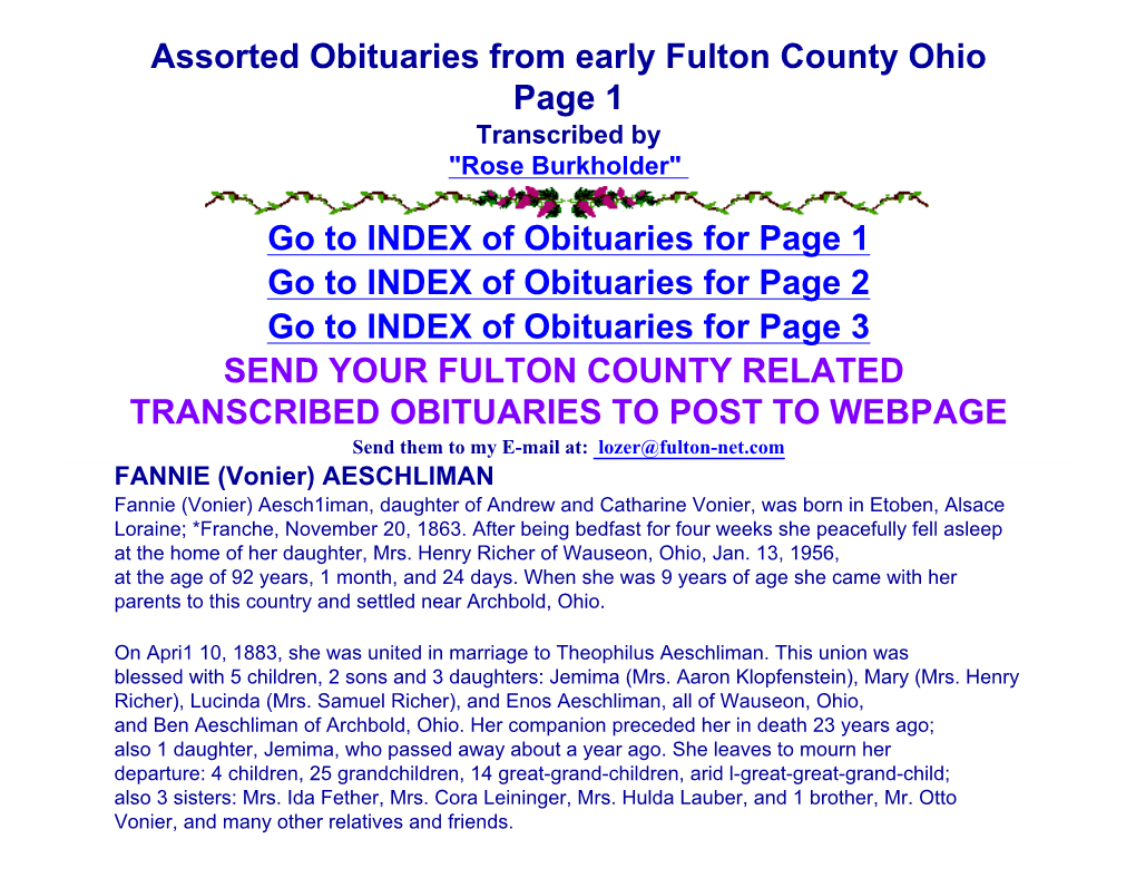 Assorted Obituaries from Early Fulton County Ohio Page 1 Transcribed by 