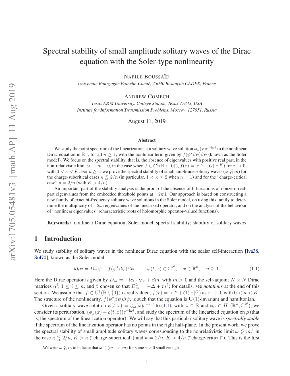 Spectral Stability of Small Amplitude Solitary Waves of the Dirac Equation