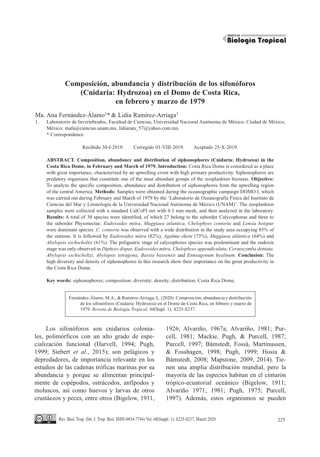 (Cnidaria: Hydrozoa) En El Domo De Costa Rica, En Febrero Y Marzo De 1979