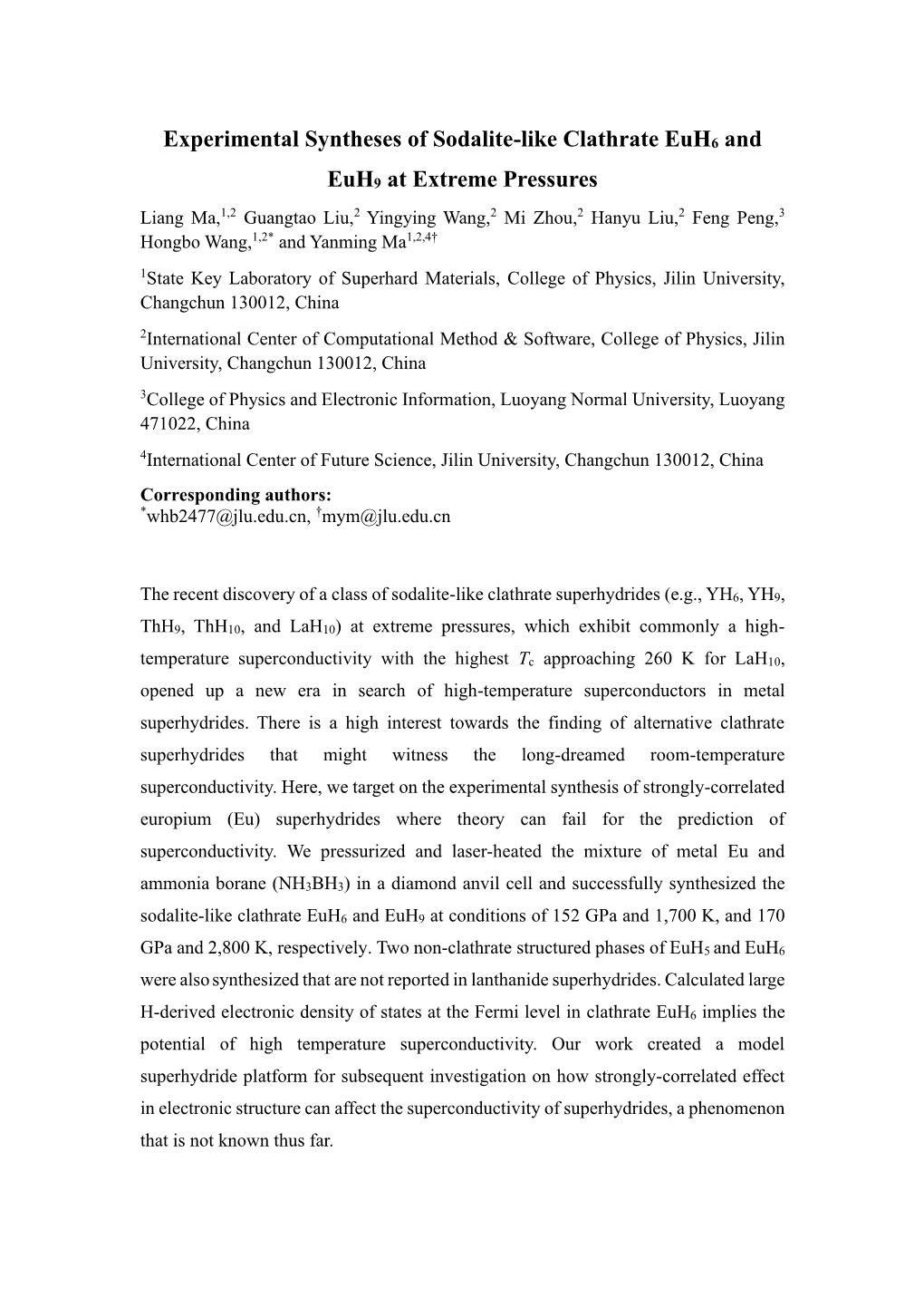 Experimental Syntheses of Sodalite-Like Clathrate Euh6 And