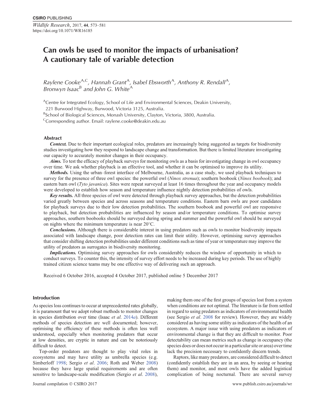 Can Owls Be Used to Monitor the Impacts of Urbanisation? a Cautionary Tale of Variable Detection