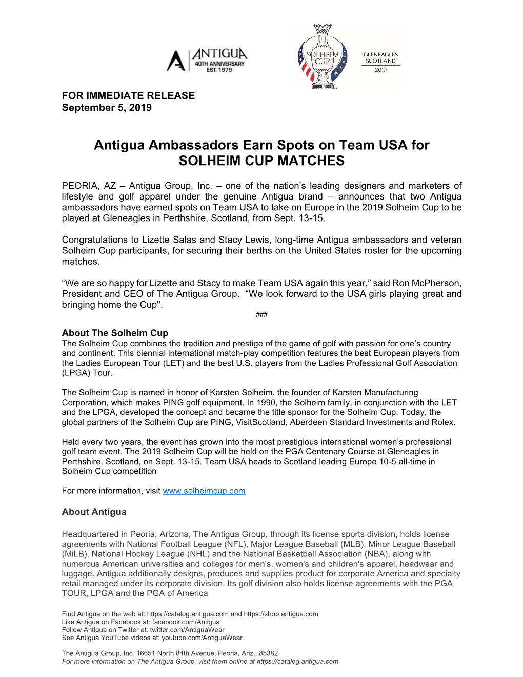 Antigua Ambassadors Earn Spots on Team USA for SOLHEIM CUP MATCHES