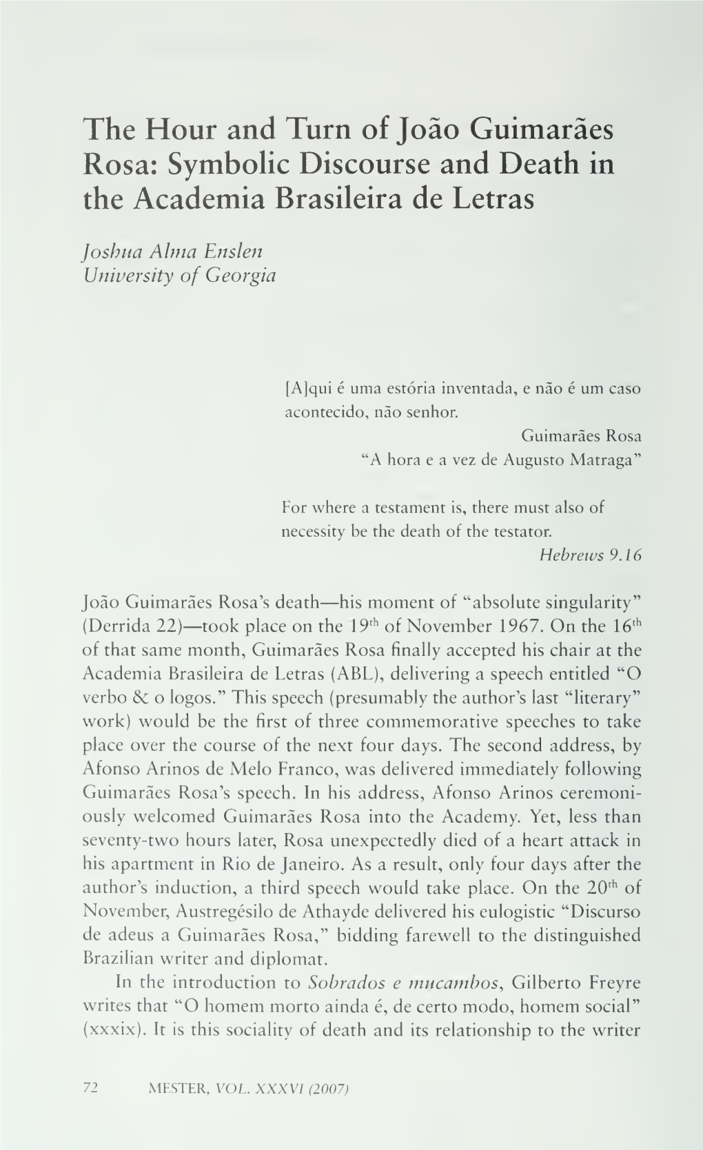 The Hour and Turn of João Guimarães Rosa: Symbolic Discourse and Death in the Academia Brasileira De Letras