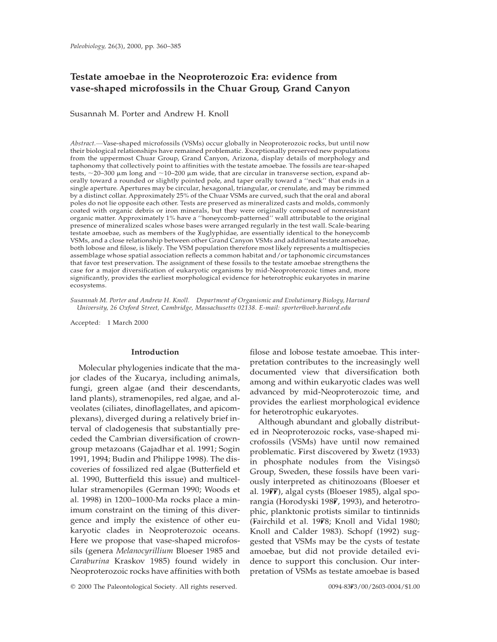 Testate Amoebae in the Neoproterozoic Era: Evidence from Vase-Shaped Microfossils in the Chuar Group, Grand Canyon