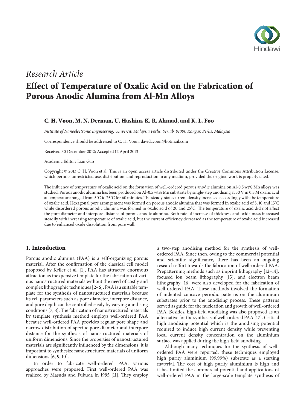 Effect of Temperature of Oxalic Acid on the Fabrication of Porous Anodic Alumina from Al-Mn Alloys