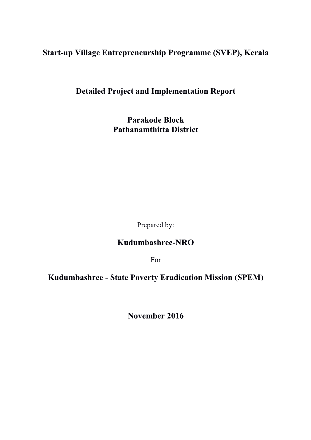 (SVEP), Kerala Detailed Project and Implementation Report Parakode