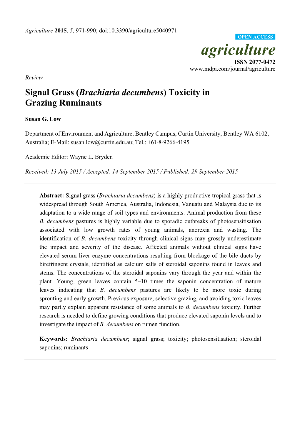 Signal Grass (Brachiaria Decumbens) Toxicity in Grazing Ruminants